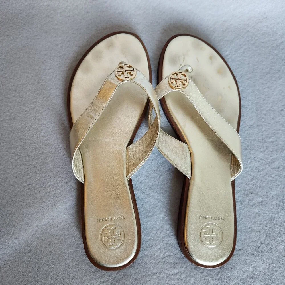 Tory Burch Metallic Gold Leather Thong Sandals